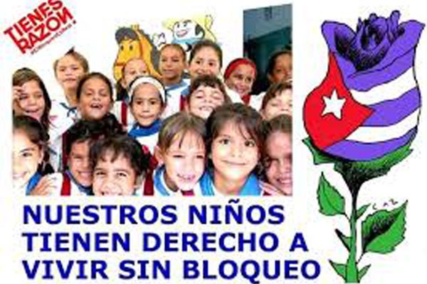 Los niños cubanos dicen NO al bloqueo de los Estados Unidos contra la Isla.
